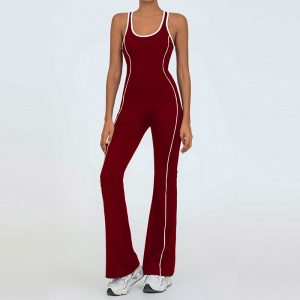 Patchwork jumpsuit sleeveless sexy back flared pants fitness clothing for women